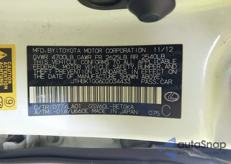 2013 Lexus Es 350 from USA, damaged, VIN JTHBK1GG6D2034433